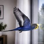 Wellensittich fliegt gegen Fenster Wellensittich fliegt auf Fensterscheibe zu.
