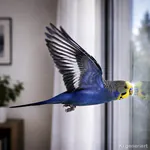 Wellensittich fliegt auf Fensterscheibe zu.